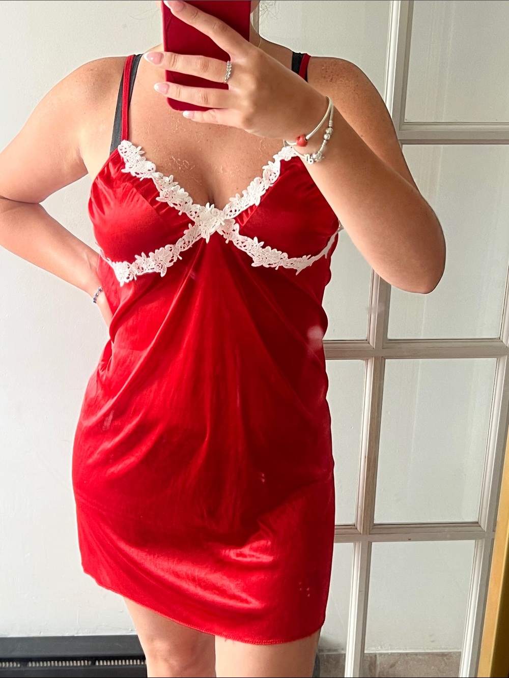 Lace-Trim Red Satin Chemise with Contrast Detail